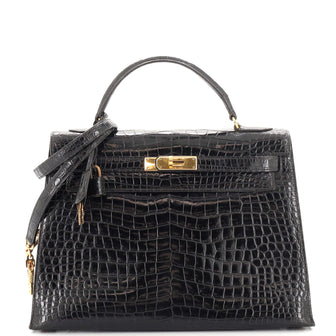 Hermes Kelly Handbag Black Shiny Porosus Crocodile with Gold Hardware 32