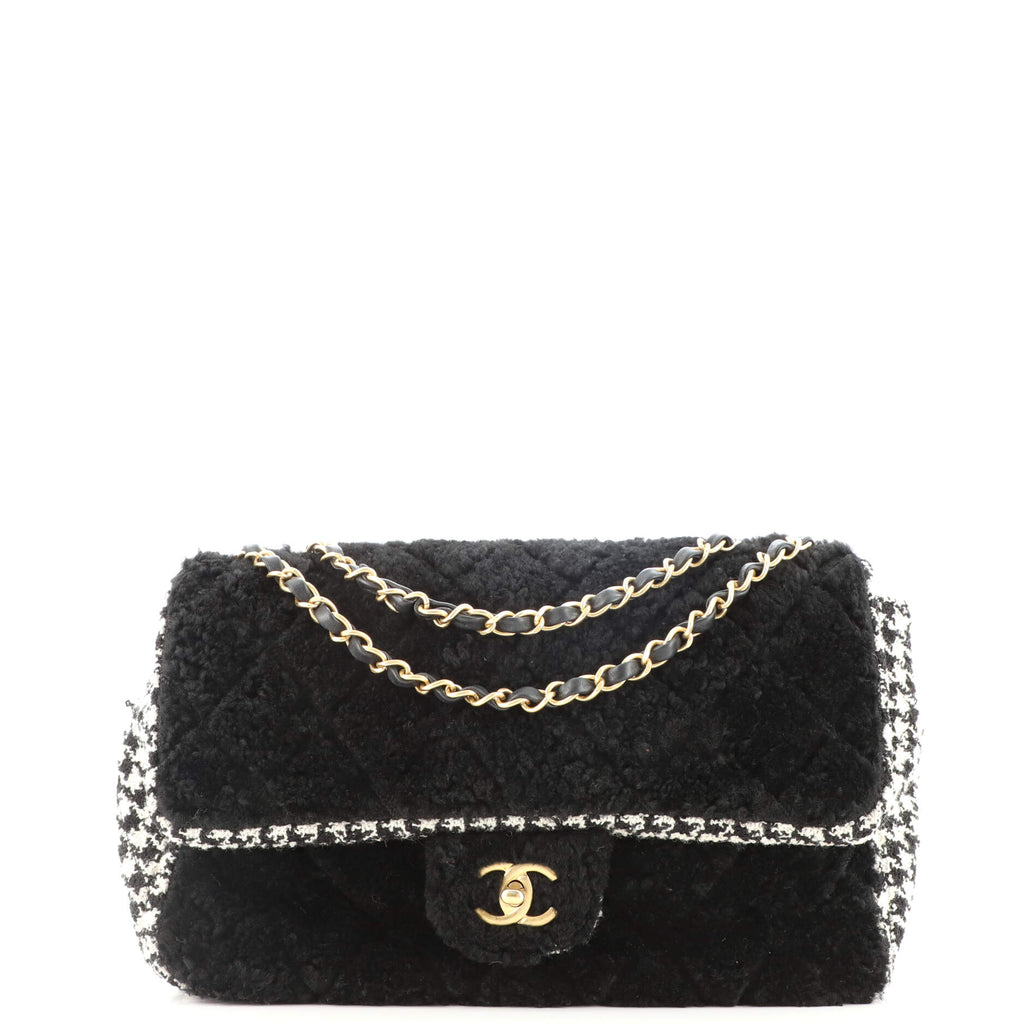 Chanel CC Flap Bag Quilted Shearling and Tweed Medium Black 1802901