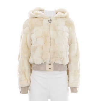 Women's Hooded Button Up Jacket Damier Rabbit Fur