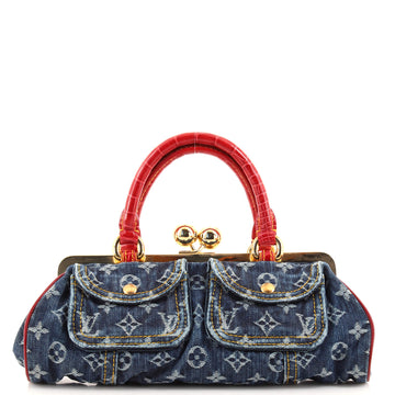 Louis Vuitton Sac Fermoir Handbag Denim with Alligator GM