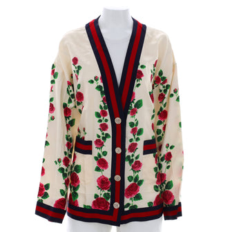 Gucci Women's Rose Garden Web Trim Cardigan Printed Silk