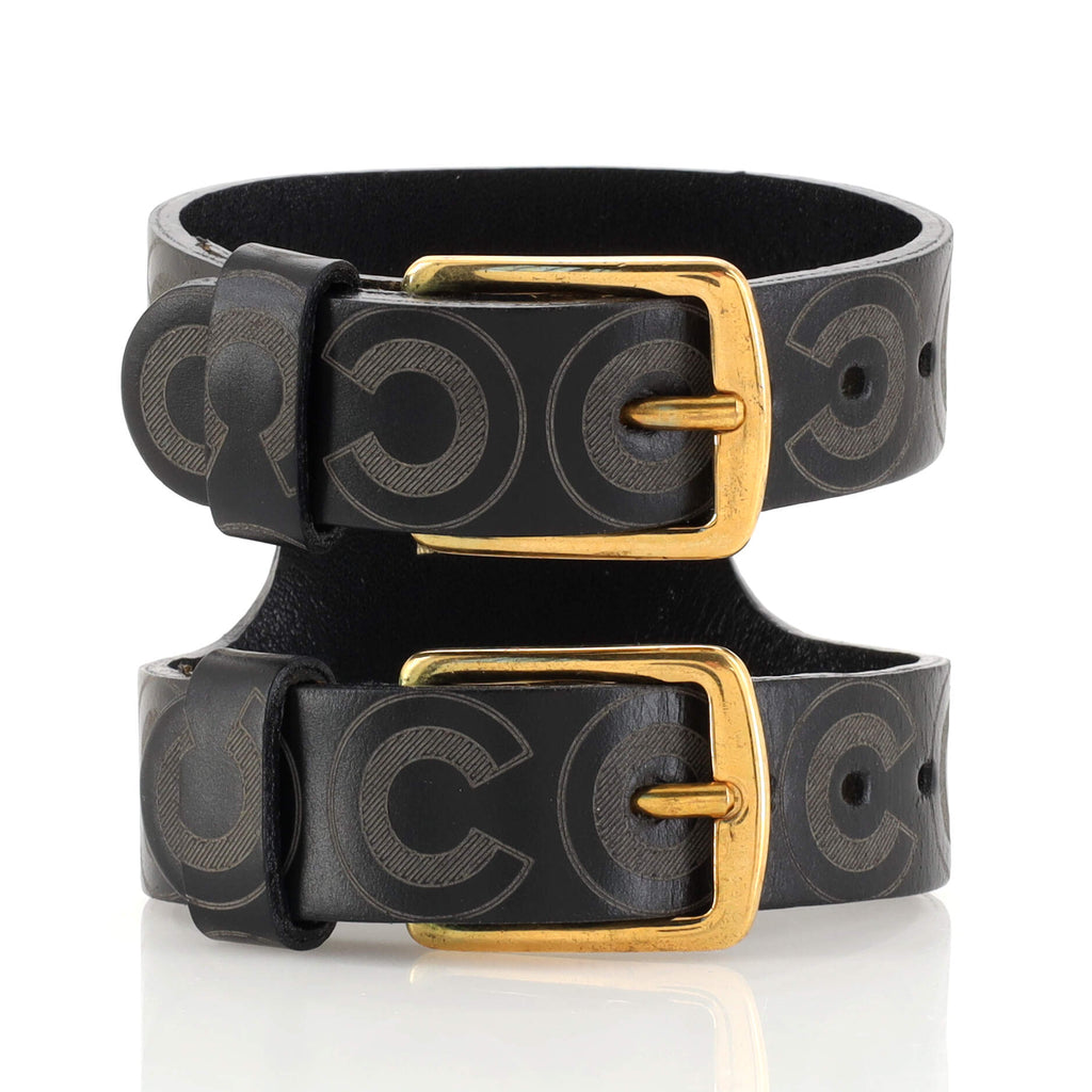 Chanel Vintage Coco Double Buckle Cuff Bracelet Printed Leather Black  180619166