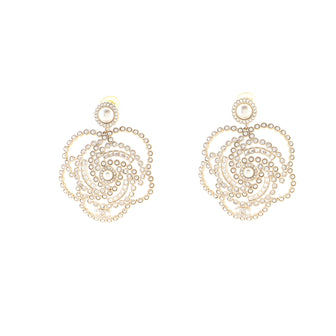 Chanel CC Camellia Dangle Earrings Crystal Embellished Metal and Faux Pearls Large