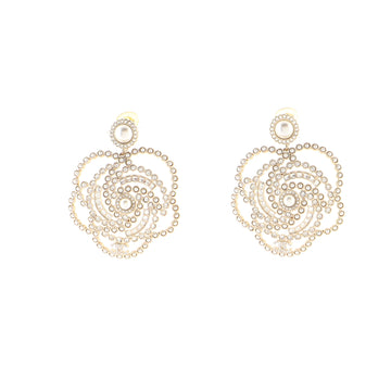 Chanel CC Camellia Dangle Earrings Crystal Embellished Metal and Faux Pearls Large