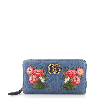 Gucci GG Marmont Zip Around Wallet Embroidered Matelasse Denim