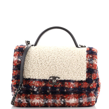 Chanel Top Handle Bag Shearling with Tweed Small