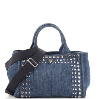 Prada Canapa Convertible Tote Rhinestone Embellished Denim Medium