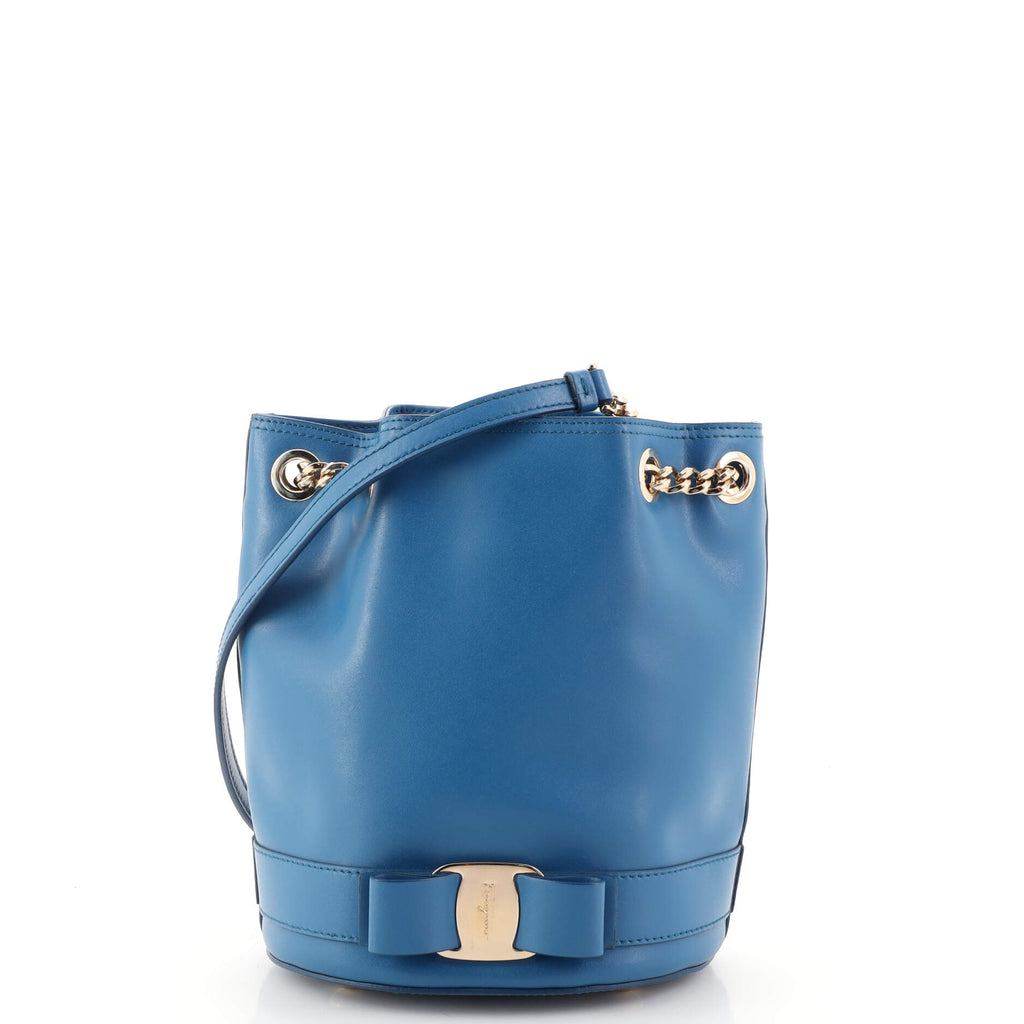 Salvatore Ferragamo Vara Chain Bucket Bag Leather Small Blue 180619392
