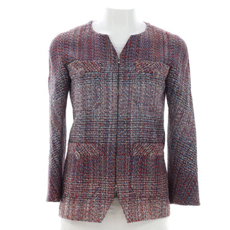 Chanel Women's Collarless Four Pocket Zip Up Jacket Tweed Blend