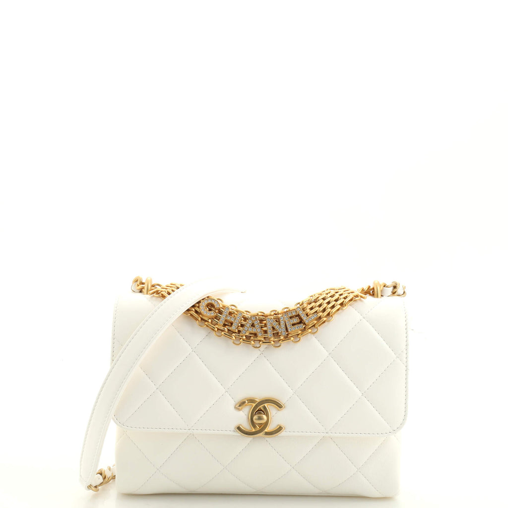 Chanel Crystal Logo Letters Chain Handle Flap Bag Quilted Lambskin Small  White 180619452