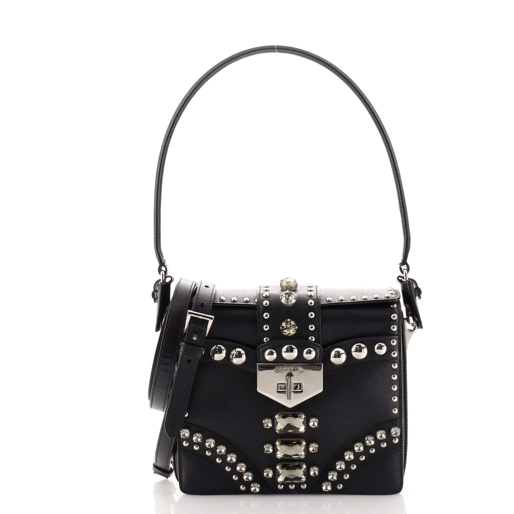 Prada Turn Lock Shoulder Bag Studded Saffiano Leather Small Black