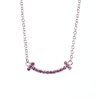 Tiffany & Co. T Smile Pendant Necklace 18K White Gold with Pink Sapphires Mini