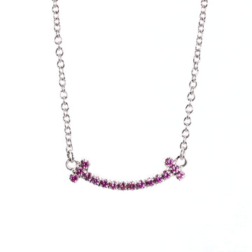 Tiffany & Co. T Smile Pendant Necklace 18K White Gold with Pink Sapphires Mini