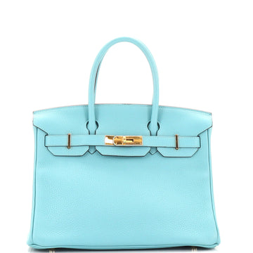 Hermes Birkin Handbag Blue Clemence with Gold Hardware 30
