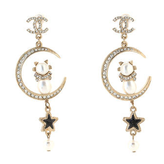 Chanel CC Cat Moon Star Dangling Earrings Metal and Crystals with Faux Pearls and Resin
