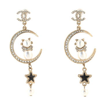 Chanel CC Cat Moon Star Dangling Earrings Metal and Crystals with Faux Pearls and Resin