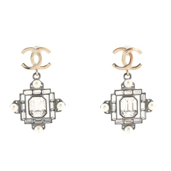 Chanel Geometric Cross CC Drop Earrings Metal with Crystals and Faux Pearls