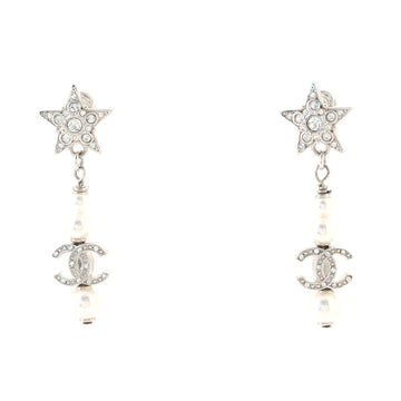 Chanel Star CC Dangle Earrings Metal with Faux Pearls and Crystals