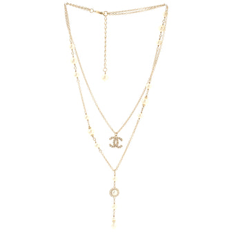 Chanel CC Double Chain Lariat Necklace Metal and Faux Pearls