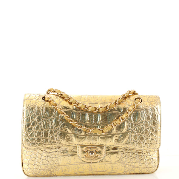 CHANEL Gold Metallic Crocodile Embossed Leather Small Wallet