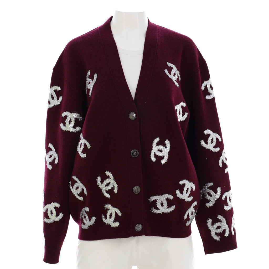 Chanel Women's Glitter All-Over CC Cardigan Cashmere Blend Red 1808723