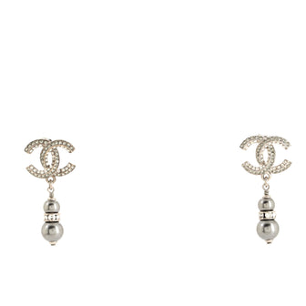 Chanel CC Dangle Earrings Crystal Embellished Metal with Faux Pearls