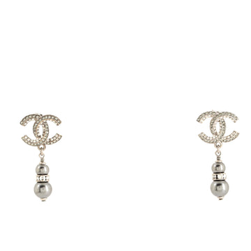 Chanel CC Dangle Earrings Crystal Embellished Metal with Faux Pearls