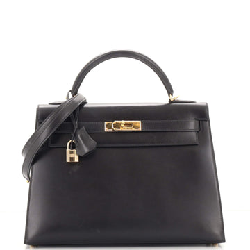 Hermes Kelly Handbag Black Box Calf with Gold Hardware 32