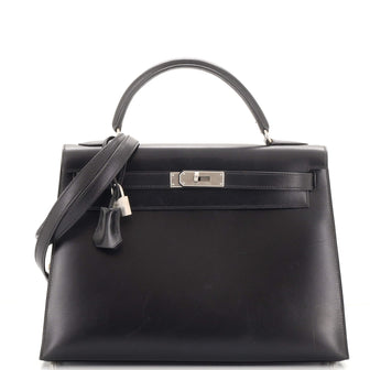 Hermes Kelly Handbag Black Box Calf with Brushed Palladium Hardware 32
