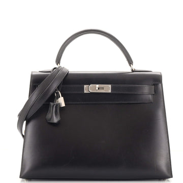 Hermes Kelly Handbag Black Box Calf with Brushed Palladium Hardware 32