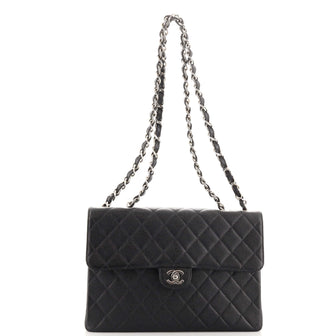 Chanel Vintage Square Classic Single Flap Bag Quilted Caviar Jumbo