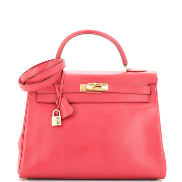 Hermes Kelly Handbag Red Courchevel with Gold Hardware 32