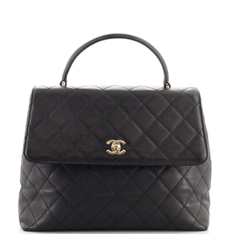 Chanel Vintage Classic Top Handle Flap Bag Quilted Caviar Jumbo