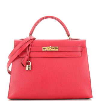 Hermes Kelly Handbag Red Courchevel with Gold Hardware 32