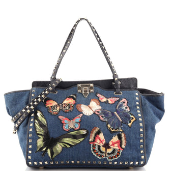 Valentino Garavani Rockstud Tote Denim with Butterfly Applique Medium