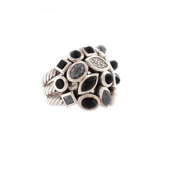 David Yurman Four Row Confetti Cable Ring Sterling Silver with Onyx, Hematine and Diamonds