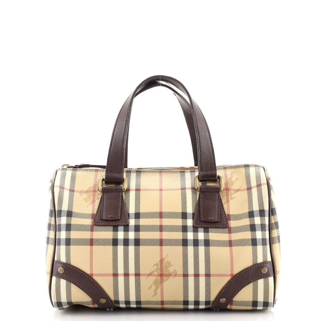 Burberry Vintage Boston Bag Haymarket Coated Canvas with Studded Leather  Small Brown 1810301