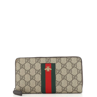 Gucci Bee Web Zip Around Wallet GG Coated Canvas