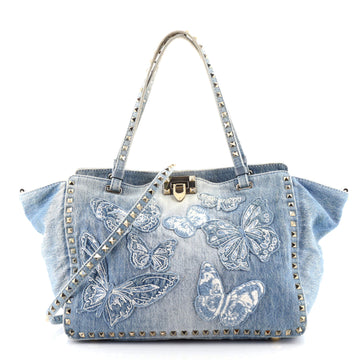 Valentino Garavani Rockstud Tote Denim with Butterfly Applique Medium