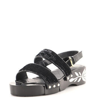Chanel Women's Floral Cut-Out Platform Sandals Wood with Sequins and Faux Pearls
