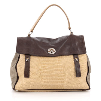 Saint Laurent Tricolor Muse Two Handbag Lizard Embossed Suede and Leather Large Brown