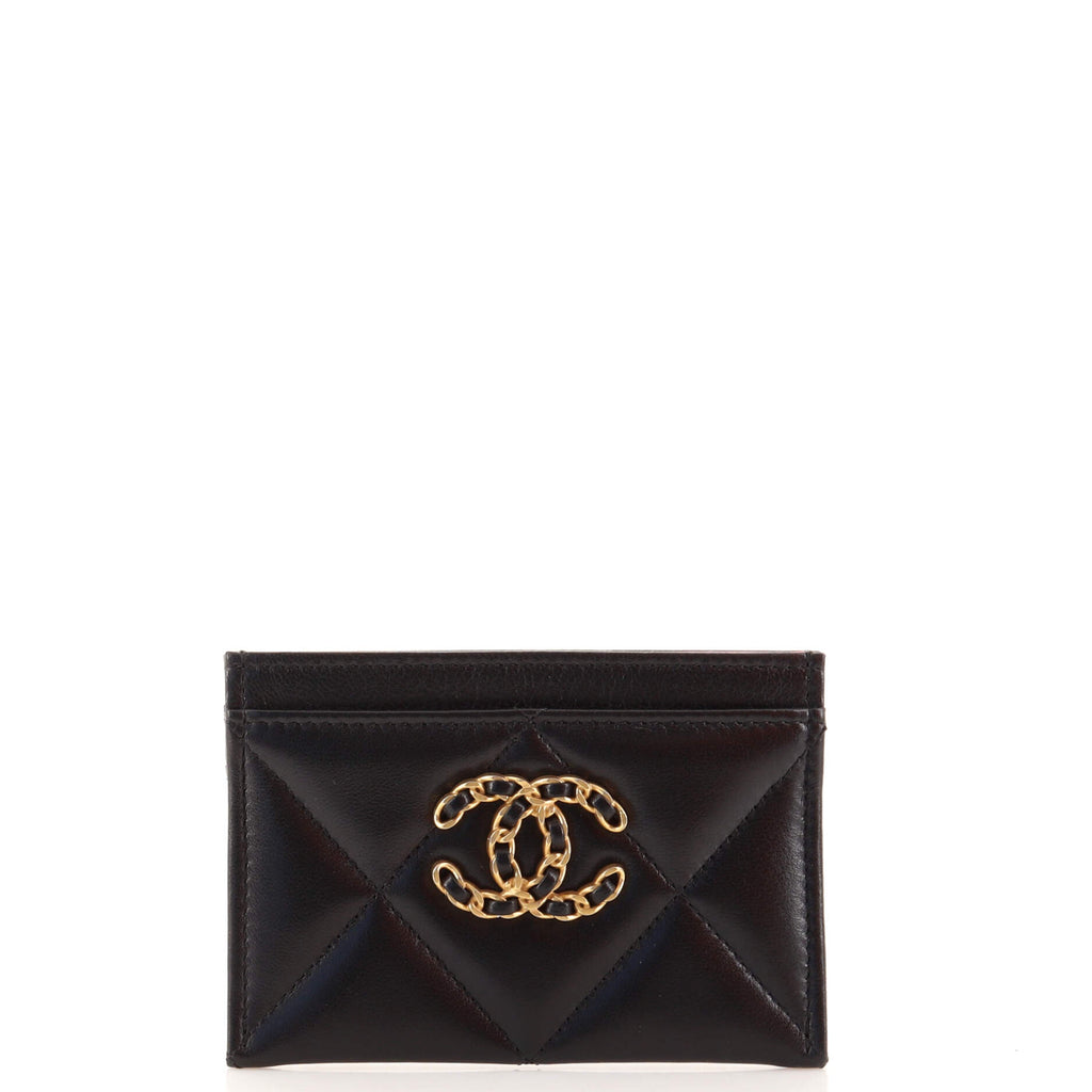 CHANEL Shiny Goatskin Quilted Chanel 19 Flap Card Holder Black