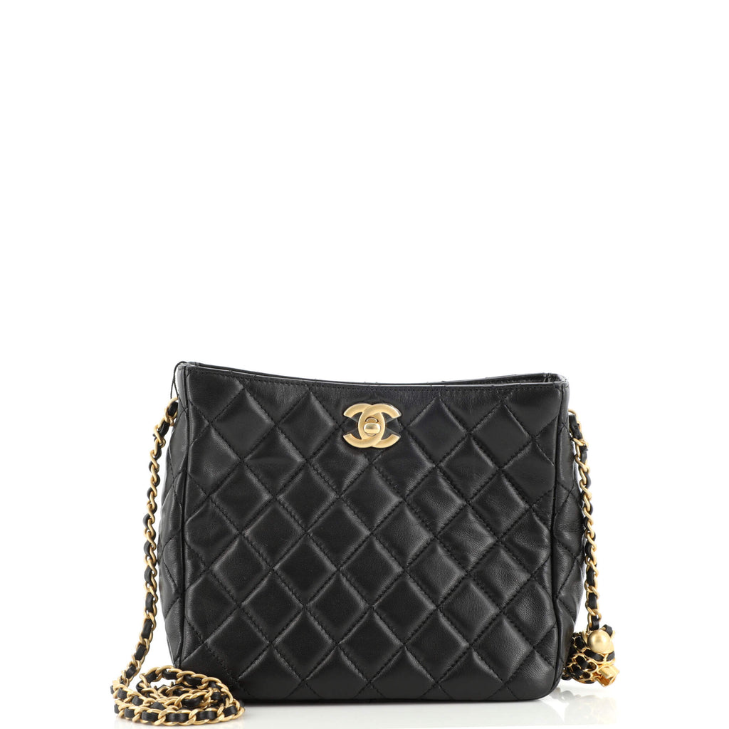 Chanel Mini Black Quilted Glazed Calfskin Hobo With Pearl Strap
