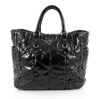 Prada Convertible Side Pocket Tote Chevron Patent Large Black