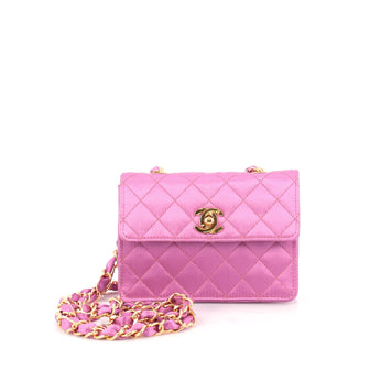 Chanel Vintage CC Chain Flap Bag Quilted Satin Mini Pink