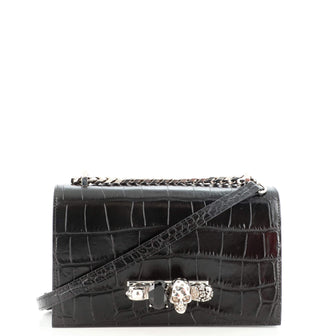 Alexander McQueen Jewelled Flap Satchel Crocodile Embossed Leather Medium