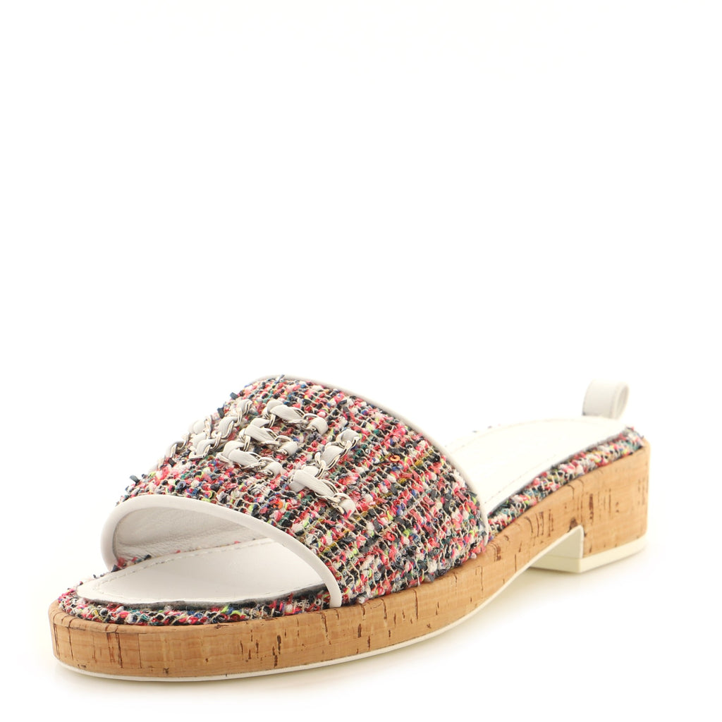 Chanel Women's Chain CHA-NEL Mule Sandals Tweed and Cork Multicolor 1827214
