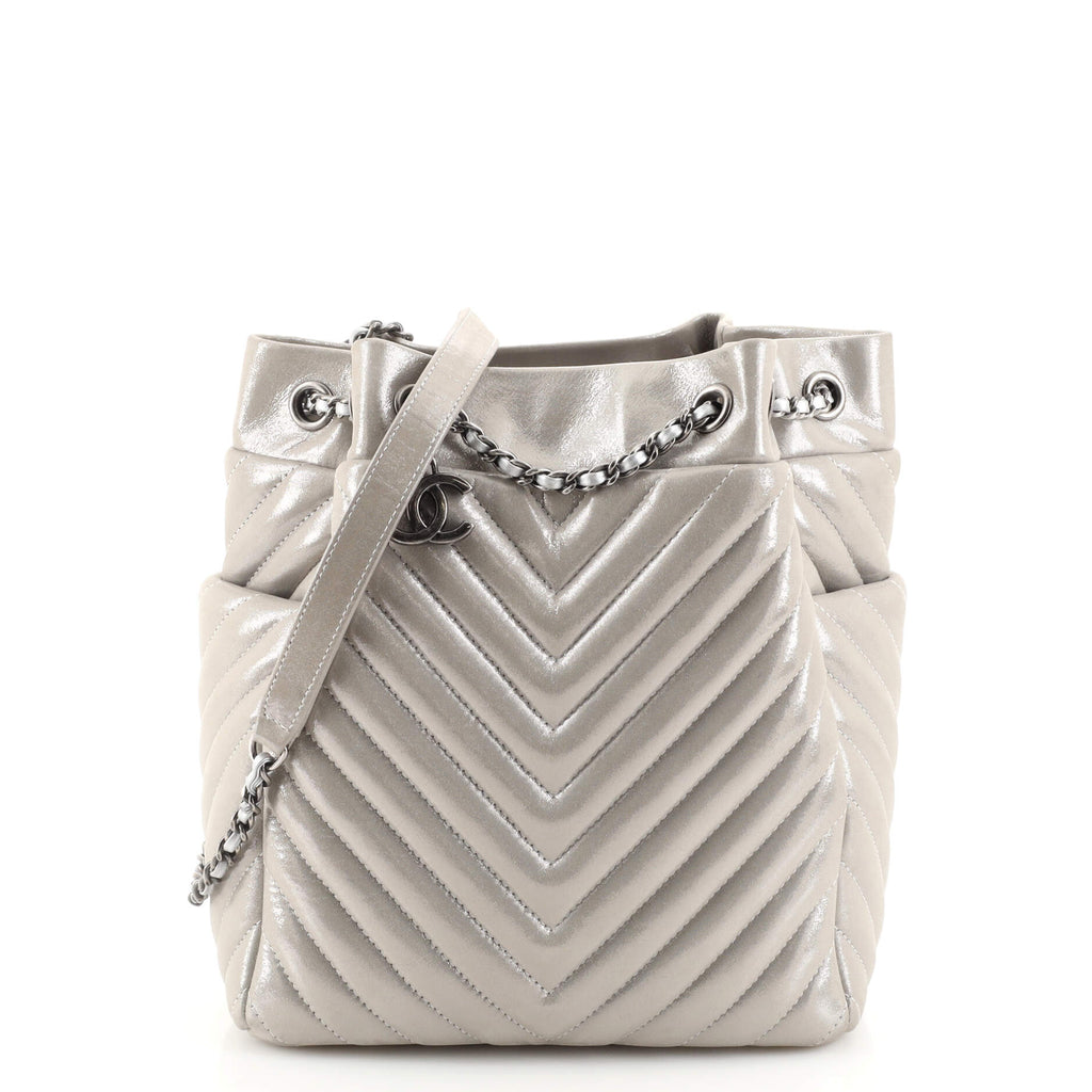 Chanel Urban Spirit Drawstring Bag Chevron Calfskin Small Silver 1827403