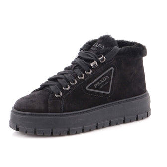 Prada Women's Wheel Mid-Top Sneaker Boots Suede with Shearling