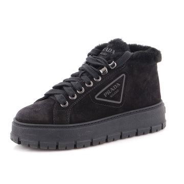 Prada Women's Wheel Mid-Top Sneaker Boots Suede with Shearling